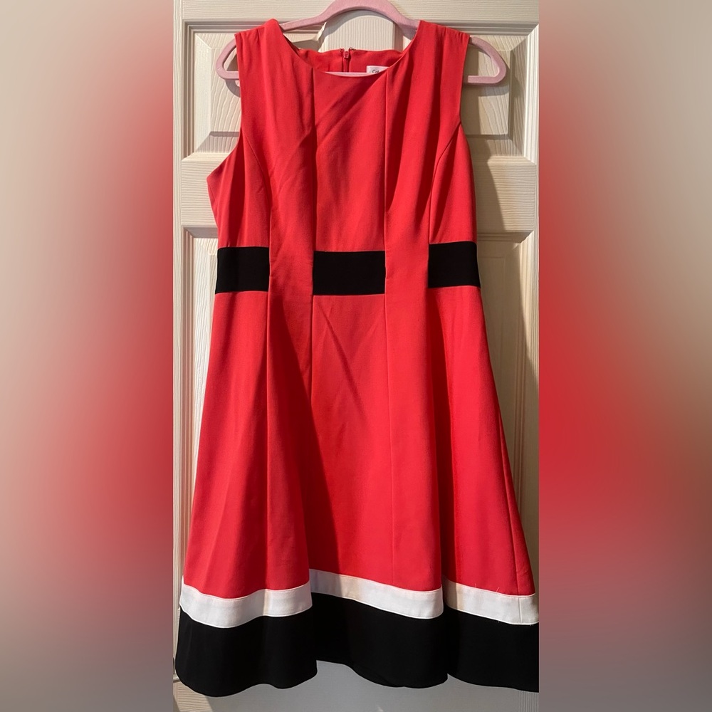 Calvin Klein Sleeveless Coral Color Block Belted Fit-Flare Dress Size 12